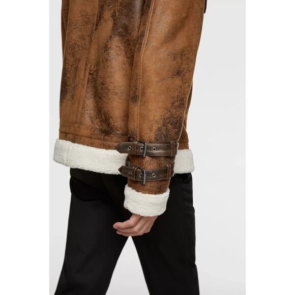 Zara Faux Leather Sherpa Lined Aviator Style Contrast Double Collar Jacket Large - Picture 6 of 13